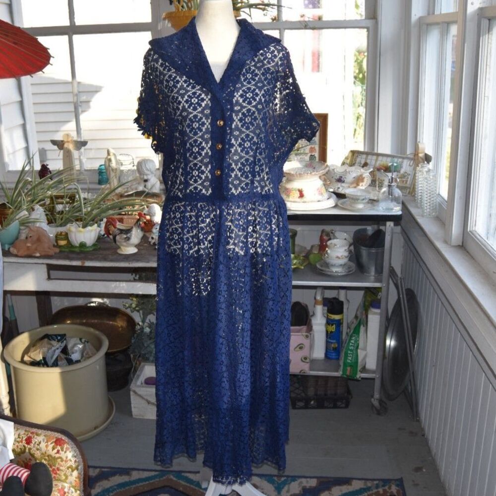 Vintage 1940s 1950s Navy Blue Lace Dress Aero Metal Side Zipper 46 Bust